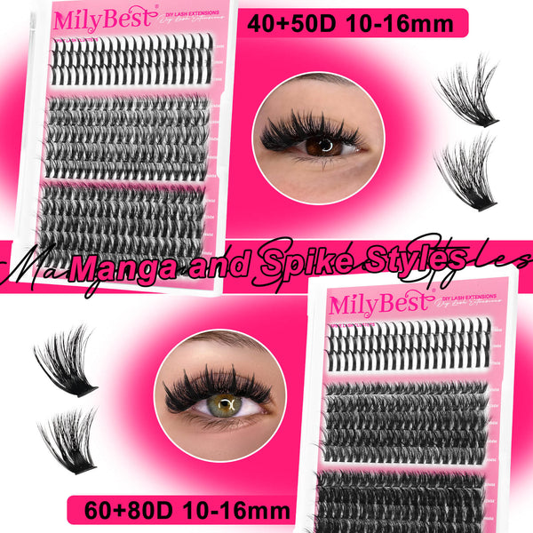 MilyBest manga and spike cluster lash styles packaging with pink background and product display.