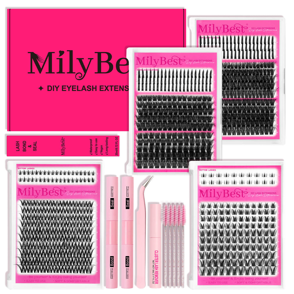 MilyBest DIY eyelash extension kit with false eyelashes, tools, and packaging.