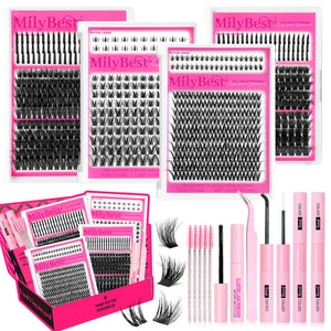 MilyBest eyelash packaging and tools including boxes, lashes, and applicators on a white background.