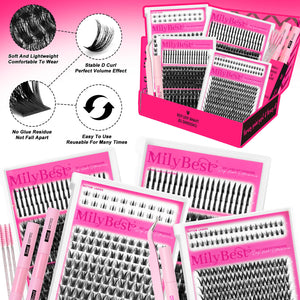 MilyBest false eyelashes packaging with pink boxes and black lashes on a white background