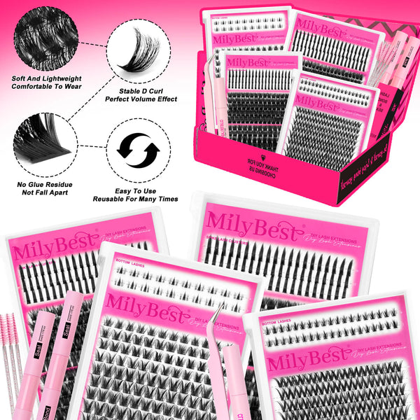 MilyBest false eyelashes packaging with pink boxes and black lashes on a white background