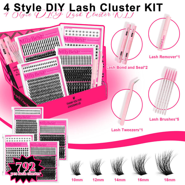 MillyBest DIY Lash Cluster Kit with packaging, lashes, tools, and lash cluster samples on a pink background.