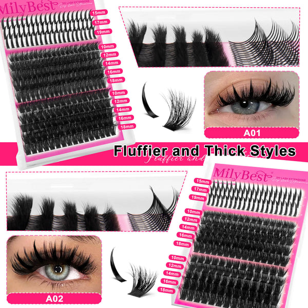 MilyBest cluster lashes with fluffier and thick styles packaging and examples on a white background.