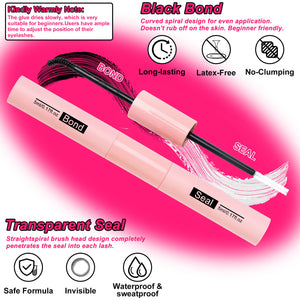 MilyBest Eyelash adhesive with brush on pink background, featuring text and icons about product features.