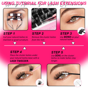 MilyBest Step-by-step guide for using lash extensions with images and text on a pink background