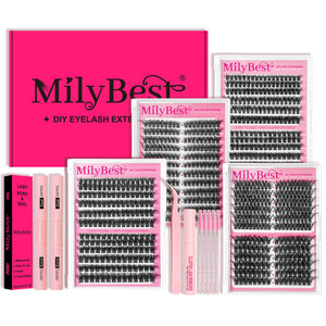 MilyBest eyelash extension kit with pink packaging and lash sets on a white background