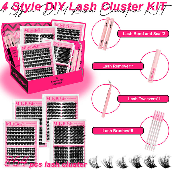 MilyBest DIY Lash Cluster Kit with packaging, lashes, and tools on a pink background
