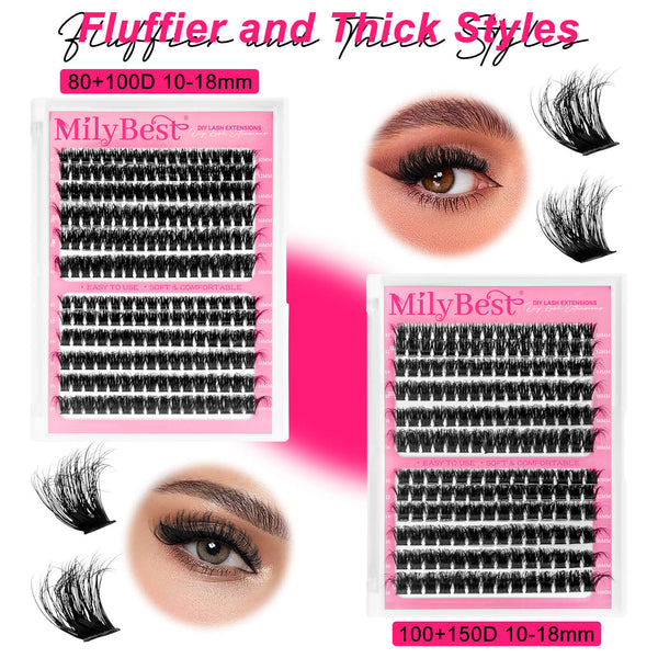 MilyBest false eyelashes packaging with sample application on eyes and product details.