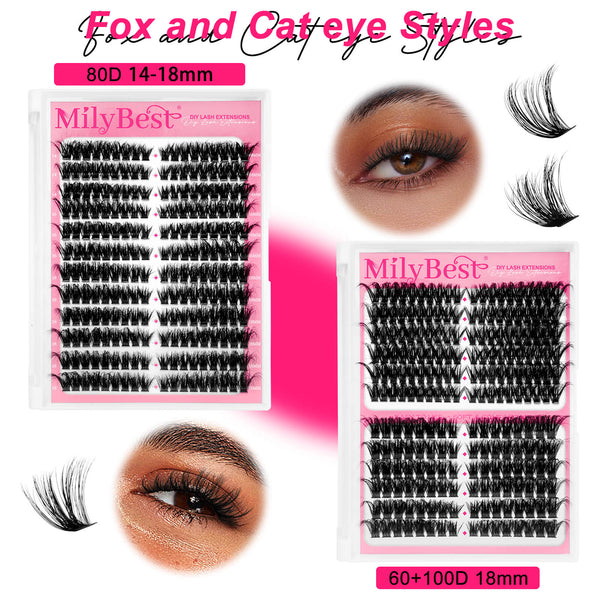 MilyBest false eyelashes packaging with examples on eyes and styles listed.