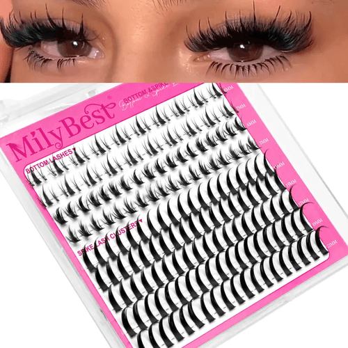 Eyelash packaging with 'MilyBest' branding and close-up of applied eyelashes.