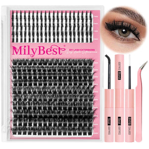Mily Best eyelash extension kit with tools and a close-up of applied lashes.