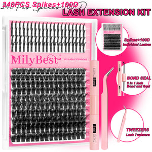 MilyBest lash extension kit with spikes, individual lashes, bond seal, and tweezers on a pink background.