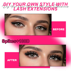 Comparison of eyes with and without lash extensions on a pink background with text about DIY lash extensions.