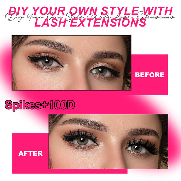 Comparison of eyes with and without lash extensions on a pink background with text about DIY lash extensions.