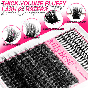 MilyBest thick volume fluffy lash clusters with product details on a pink background