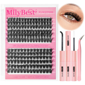 MilyBest DIY lash extensions kit with tools on a white background