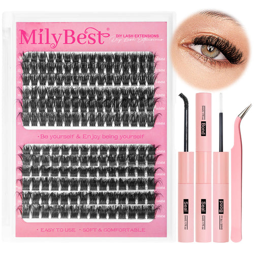 MilyBest DIY lash extensions kit with tools on a white background