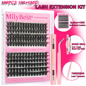 MilyBest lash extension kit with false eyelashes, bond seal, tweezers, and other tools on a pink background.