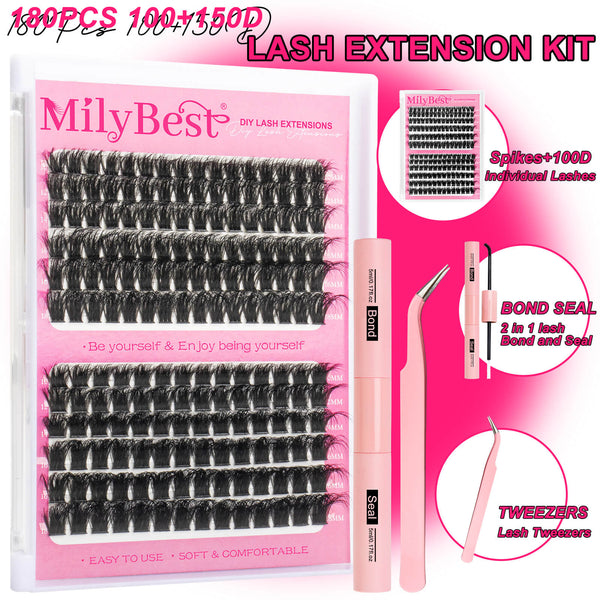 MilyBest lash extension kit with false eyelashes, bond seal, tweezers, and other tools on a pink background.