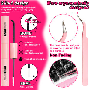 MilyBest Product advertisement for eyelash adhesive with pink background and text highlighting features.