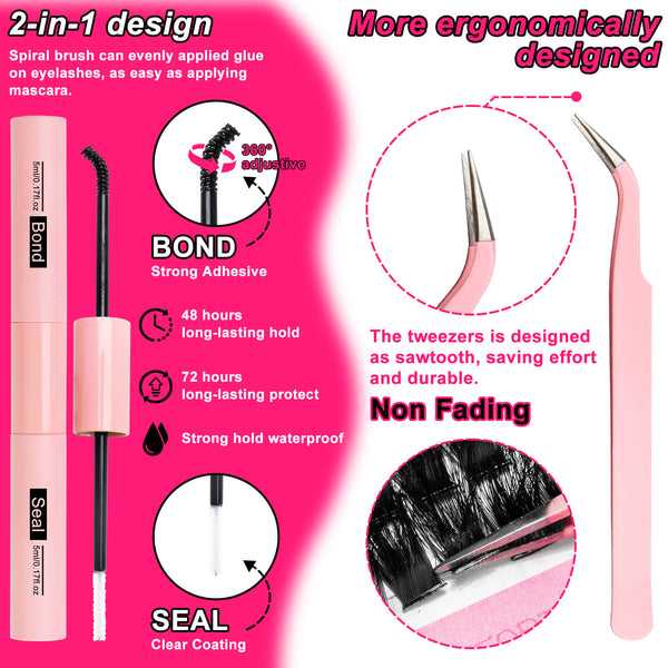MilyBest Product advertisement for eyelash adhesive with pink background and text highlighting features.
