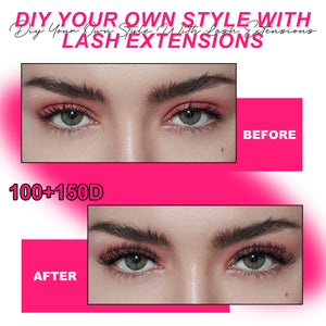 MilyBest 100+150D Before and after comparison of lash extensions with text on a pink background