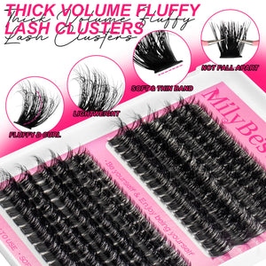 MilyBest Eyelash clusters with pink packaging and text highlighting features on a white background